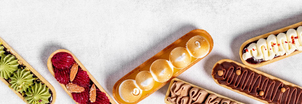 Eclairs with various flavors and decorations