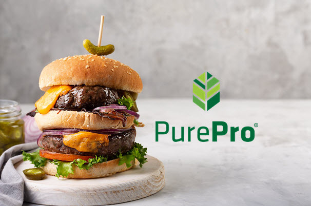 Cheeseburger on a plate with PurePro logo next to it