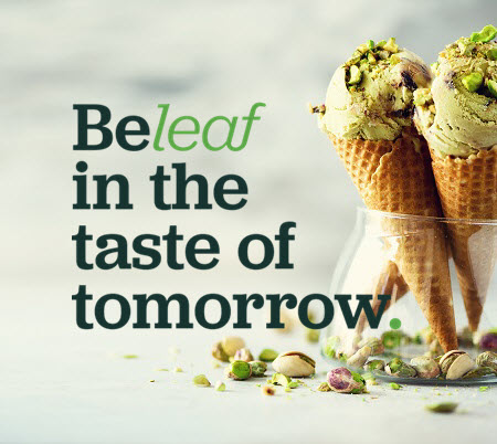 Ice cream background with text: beleaf in the taste of tomorrow