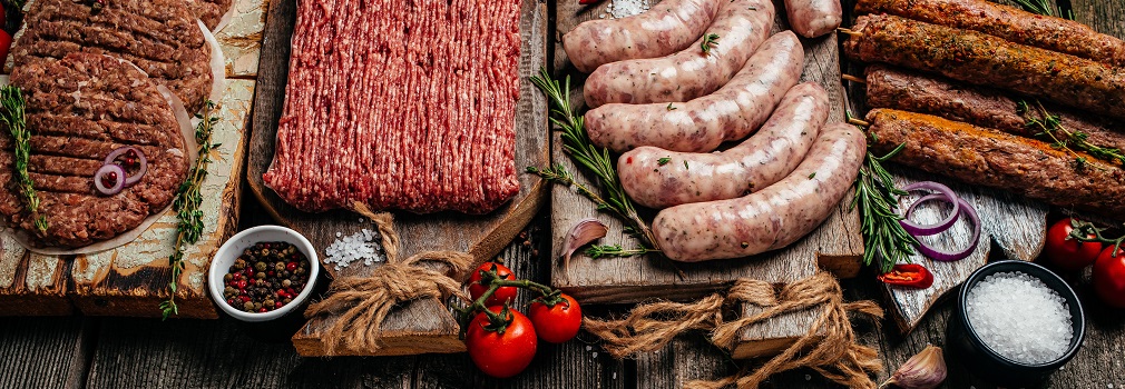 Variety of ground meats and sausages
