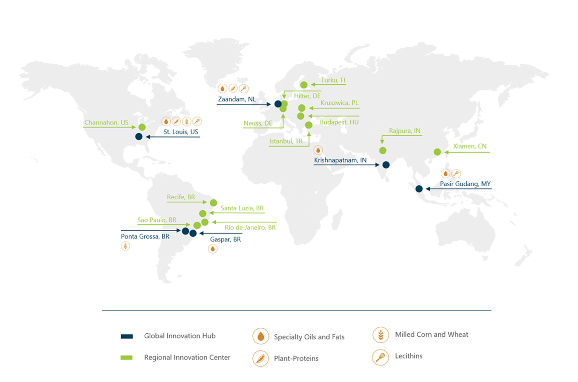 Map showing locations of Bunge's Innovation centers