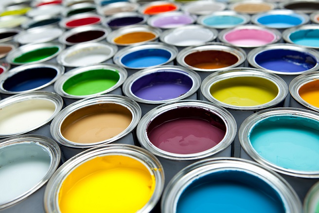 Cans with variety of paint colors