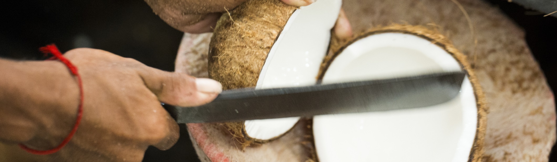 close up of person's hands slicing a coconut with knife