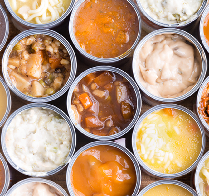 Aerial View of Many Soups in Cans